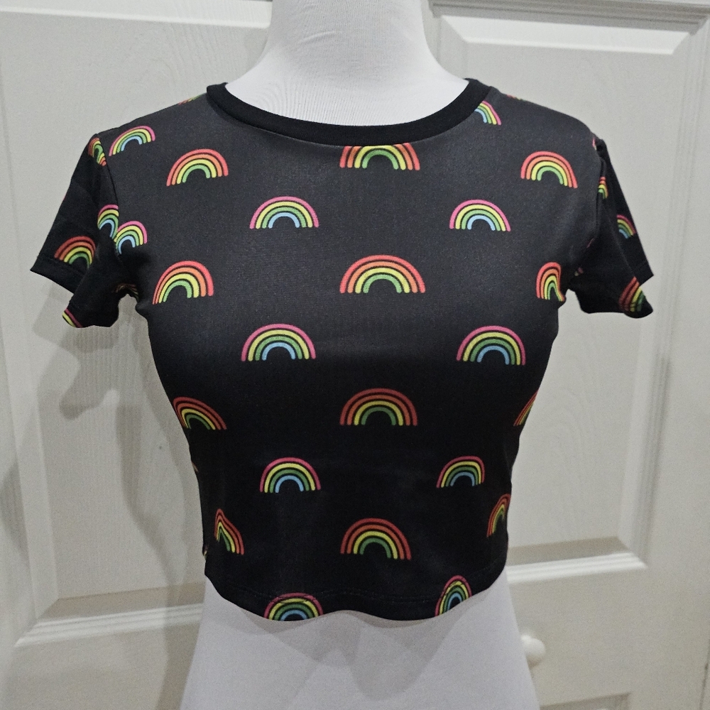 Dolls Kill Pride Club Exx Castro Street Baby Tee Black Rainbow Cropped Top XS